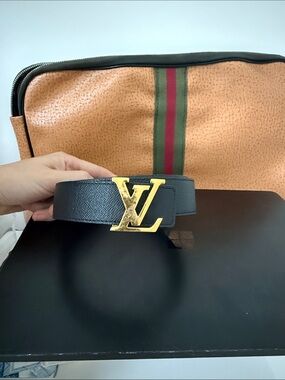 Louis Vuitton Black Belt with Gold LV Monogram Buckle